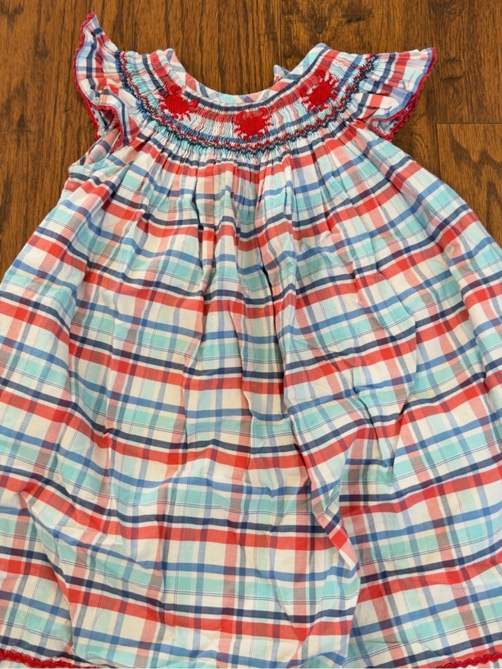 Hand Smocked Plaid Toddler Dress with Red Embroidery Crabs